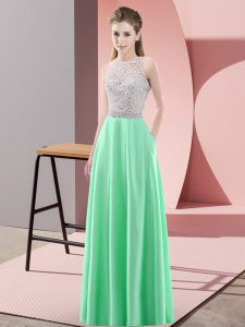 Scoop Sleeveless Prom Gown Floor Length Beading Apple Green Satin