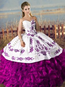 Amazing White And Purple Sleeveless Floor Length Embroidery and Ruffles Lace Up Sweet 16 Quinceanera Dress