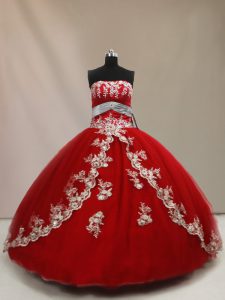 Tulle Strapless Sleeveless Lace Up Appliques Quinceanera Dresses in Red
