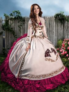 Popular Hot Pink Ball Gowns Satin Sweetheart Sleeveless Embroidery and Ruffles Floor Length Lace Up Quinceanera Dresses