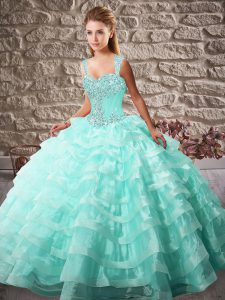 Superior Aqua Blue Lace Up Straps Beading and Ruffled Layers 15th Birthday Dress Organza Sleeveless Court Train