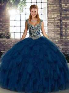 Vintage Blue Ball Gowns Beading and Ruffles Vestidos de Quinceanera Lace Up Organza Sleeveless Floor Length
