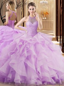 Glittering Lace Up Quinceanera Dress Lilac for Sweet 16 and Quinceanera with Beading and Ruffles Brush Train