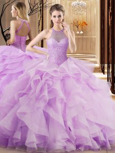 Glittering Lace Up Quinceanera Dress Lilac for Sweet 16 and Quinceanera with Beading and Ruffles Brush Train