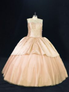 Charming Peach Lace Up Sweet 16 Dress Beading Sleeveless Floor Length