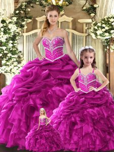 Fuchsia Sleeveless Beading and Ruffles Floor Length Quinceanera Dresses