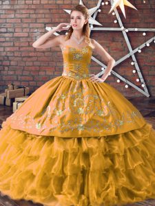 Gold Organza Lace Up Quinceanera Gown Sleeveless Floor Length Embroidery and Ruffled Layers