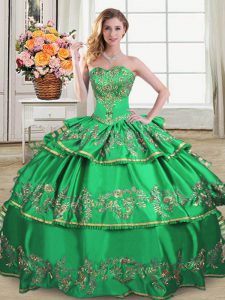 Enchanting Green Lace Up 15th Birthday Dress Embroidery and Ruffled Layers Sleeveless Floor Length