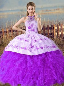 Floor Length Purple Sweet 16 Dress Organza Court Train Sleeveless Embroidery and Ruffles