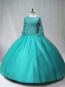 High Class Turquoise Ball Gowns Tulle Scoop Long Sleeves Beading Floor Length Lace Up Quinceanera Gowns