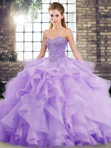 Lavender Lace Up Sweet 16 Quinceanera Dress Beading and Ruffles Sleeveless Brush Train