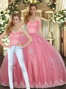 Free and Easy Watermelon Red Tulle Lace Up 15th Birthday Dress Sleeveless Floor Length Appliques