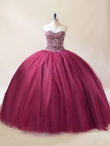 Sumptuous Sleeveless Tulle Floor Length Lace Up Ball Gown Prom Dress in Burgundy with Beading