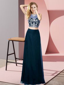 Sleeveless Chiffon Floor Length Backless Prom Dress in Teal with Beading