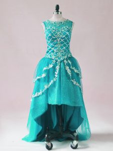 Teal Evening Dress Prom and Party with Beading and Appliques Scoop Sleeveless Zipper