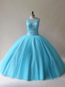 Baby Blue Scoop Lace Up Beading Quince Ball Gowns Sleeveless