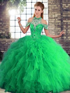 Romantic Green Ball Gowns Halter Top Sleeveless Tulle Floor Length Lace Up Beading and Ruffles Quince Ball Gowns