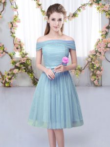 Knee Length Blue Court Dresses for Sweet 16 Tulle Short Sleeves Belt