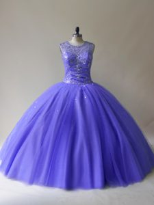 Purple Ball Gowns Beading Sweet 16 Dress Lace Up Tulle Sleeveless Floor Length