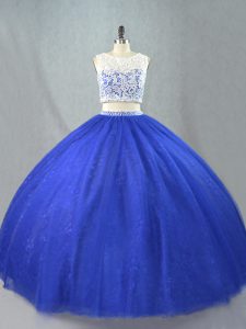 Latest Royal Blue Tulle Zipper Quinceanera Dresses Sleeveless Floor Length Lace