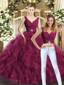 Stylish Floor Length Two Pieces Sleeveless Burgundy Quinceanera Dress Backless