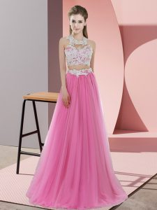 Comfortable Rose Pink Zipper Dama Dress Lace Sleeveless Floor Length