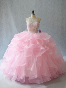 Baby Pink Sweet 16 Quinceanera Dress Sweet 16 and Quinceanera with Beading and Ruffles Halter Top Sleeveless Brush Train Backless