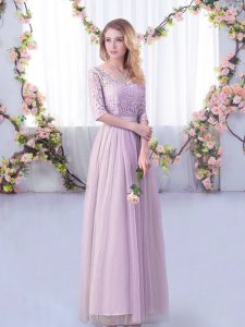 Floor Length Lavender Court Dresses for Sweet 16 Tulle Half Sleeves Lace and Belt