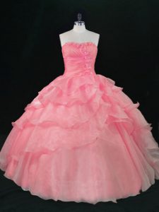 Stunning Watermelon Red Sleeveless Floor Length Beading and Ruffles Lace Up Sweet 16 Quinceanera Dress