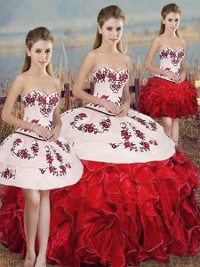 Embroidery and Ruffles and Bowknot Quince Ball Gowns White And Red Lace Up Sleeveless Floor Length