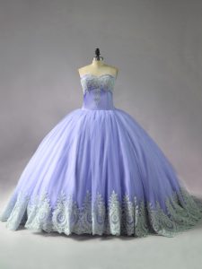 Latest Appliques Quinceanera Gowns Lavender Lace Up Sleeveless Court Train