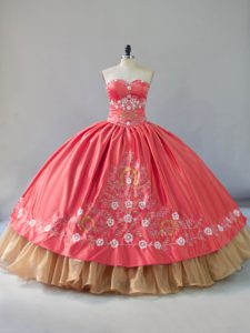 Comfortable Watermelon Red Ball Gowns Embroidery Ball Gown Prom Dress Lace Up Satin and Organza Sleeveless Floor Length