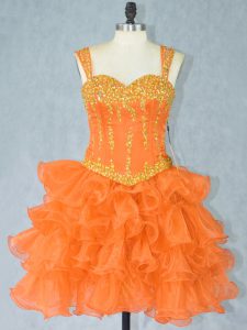 Enchanting Mini Length Orange Organza Sleeveless Beading and Ruffled Layers