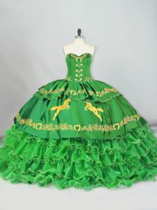 Best Selling Satin and Organza Sweetheart Sleeveless Brush Train Lace Up Embroidery and Ruffled Layers Quince Ball Gowns in Green