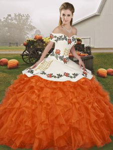 Organza Off The Shoulder Sleeveless Lace Up Embroidery and Ruffles Sweet 16 Quinceanera Dress in Orange Red
