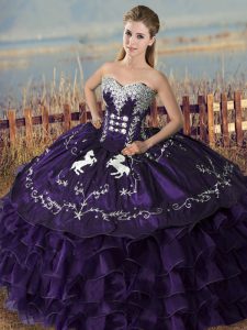 Enchanting Sweetheart Sleeveless Quince Ball Gowns Floor Length Embroidery and Ruffles Purple Organza