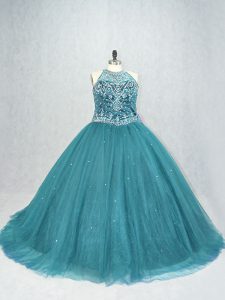 High Class Teal Quinceanera Gown Tulle Brush Train Sleeveless Beading