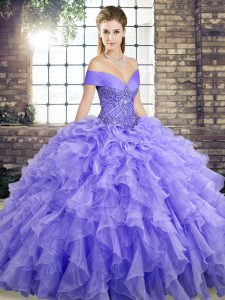 New Style Lavender Quinceanera Dresses Organza Brush Train Sleeveless Beading and Ruffles