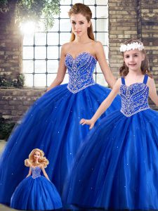 Modest Blue Ball Gowns Tulle Sweetheart Sleeveless Beading Lace Up Quinceanera Gowns Brush Train