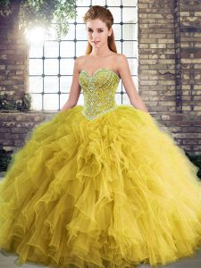 Modern Gold Lace Up Sweetheart Beading and Ruffles Ball Gown Prom Dress Tulle Sleeveless