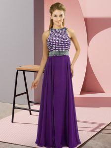Stunning Purple Chiffon Side Zipper Scoop Sleeveless Floor Length Prom Gown Beading
