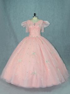 Perfect Peach Short Sleeves Organza Zipper 15 Quinceanera Dress for Sweet 16 and Quinceanera