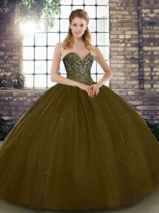 New Arrival Floor Length Lace Up Quince Ball Gowns Brown for Military Ball and Sweet 16 and Quinceanera with Beading