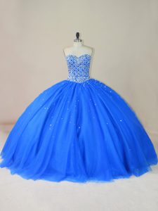 Trendy Blue Sleeveless Floor Length Beading Lace Up 15th Birthday Dress