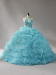 High Quality Aqua Blue Ball Gowns Halter Top Sleeveless Organza Court Train Lace Up Beading and Pick Ups Vestidos de Quinceanera