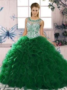 Dark Green Scoop Neckline Beading and Ruffles Quince Ball Gowns Sleeveless Lace Up