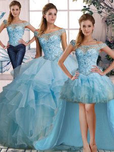 Discount Light Blue Sleeveless Floor Length Beading and Ruffles Lace Up Sweet 16 Quinceanera Dress
