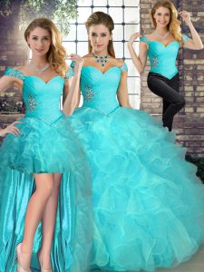 Custom Made Aqua Blue Lace Up Quinceanera Gown Beading and Ruffles Sleeveless Floor Length