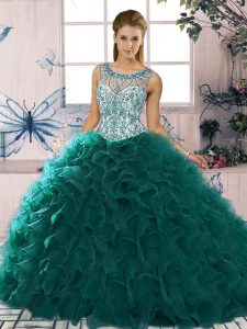 Peacock Green Organza Lace Up Scoop Sleeveless Floor Length Quince Ball Gowns Beading and Ruffles