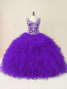 Sleeveless Backless Floor Length Beading and Ruffles Quinceanera Dresses